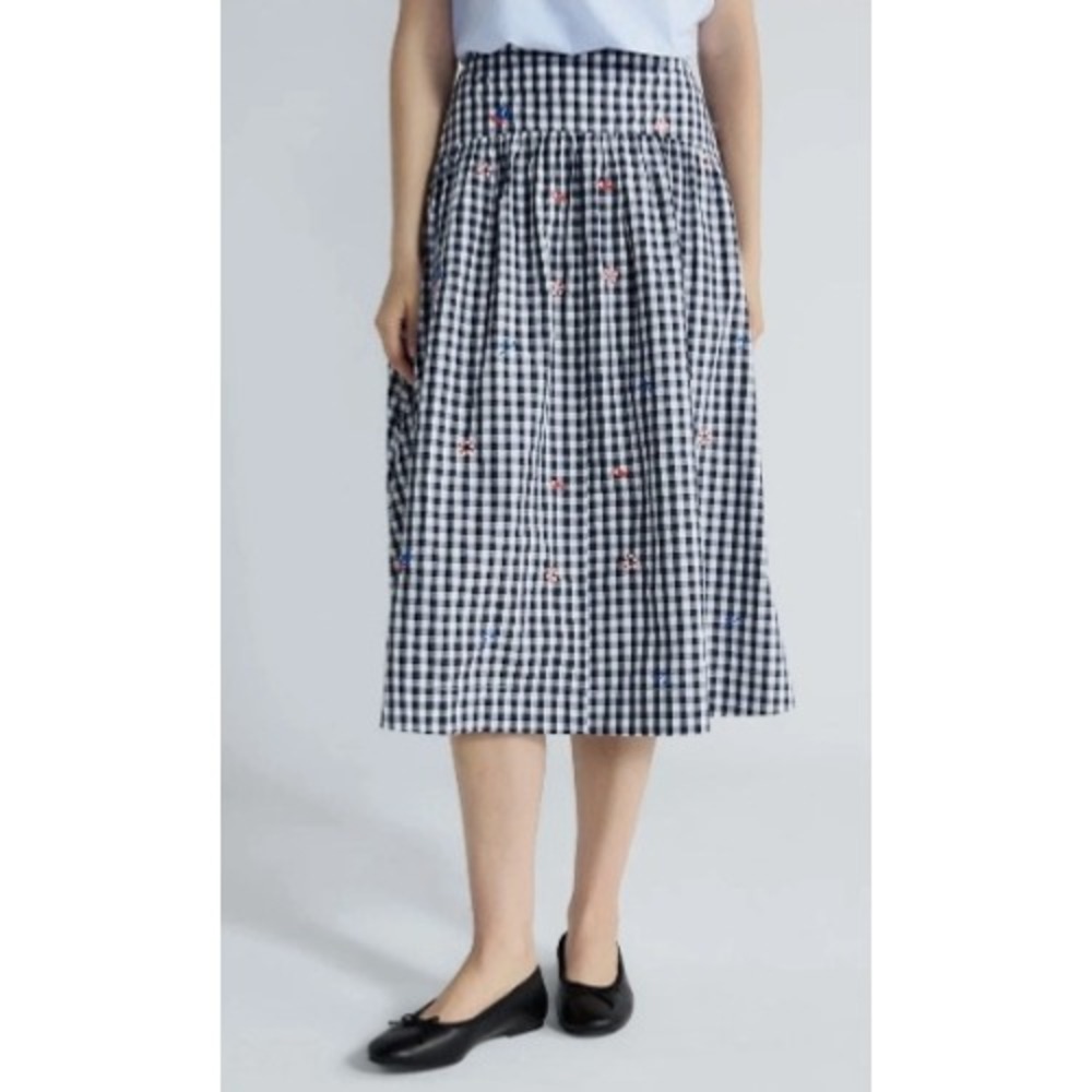 Free Assembly Women B/W Gingham Nautical Embroidered Midi Skirt Size 2 NWT
